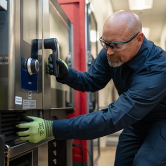 Technician in safety glasses and work gloves opening the door of a commercial combi oven